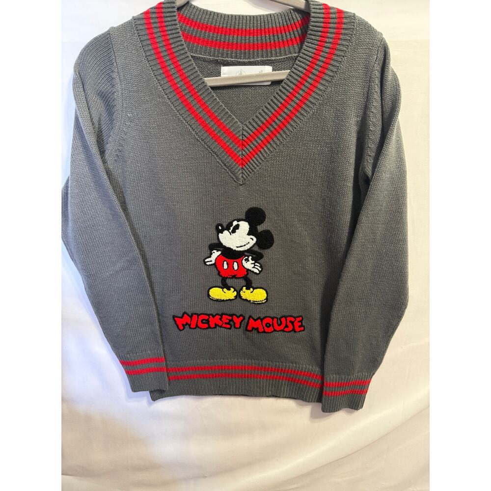 Disney Mickey Mouse Sweater Womens Small Gray V-Neck Knit Pullover Striped
